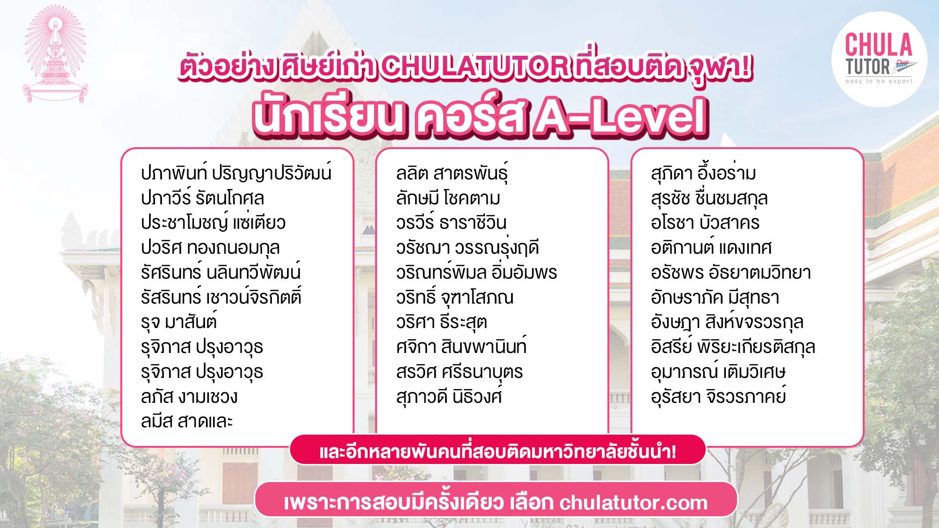 นักเรียน A-Level จุฬาติวเตอร์ สอบติดยกห้อง